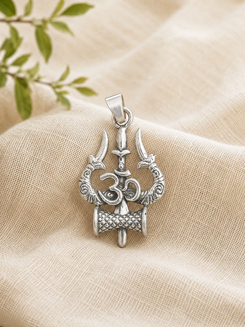 shiva trishul om silver pendent