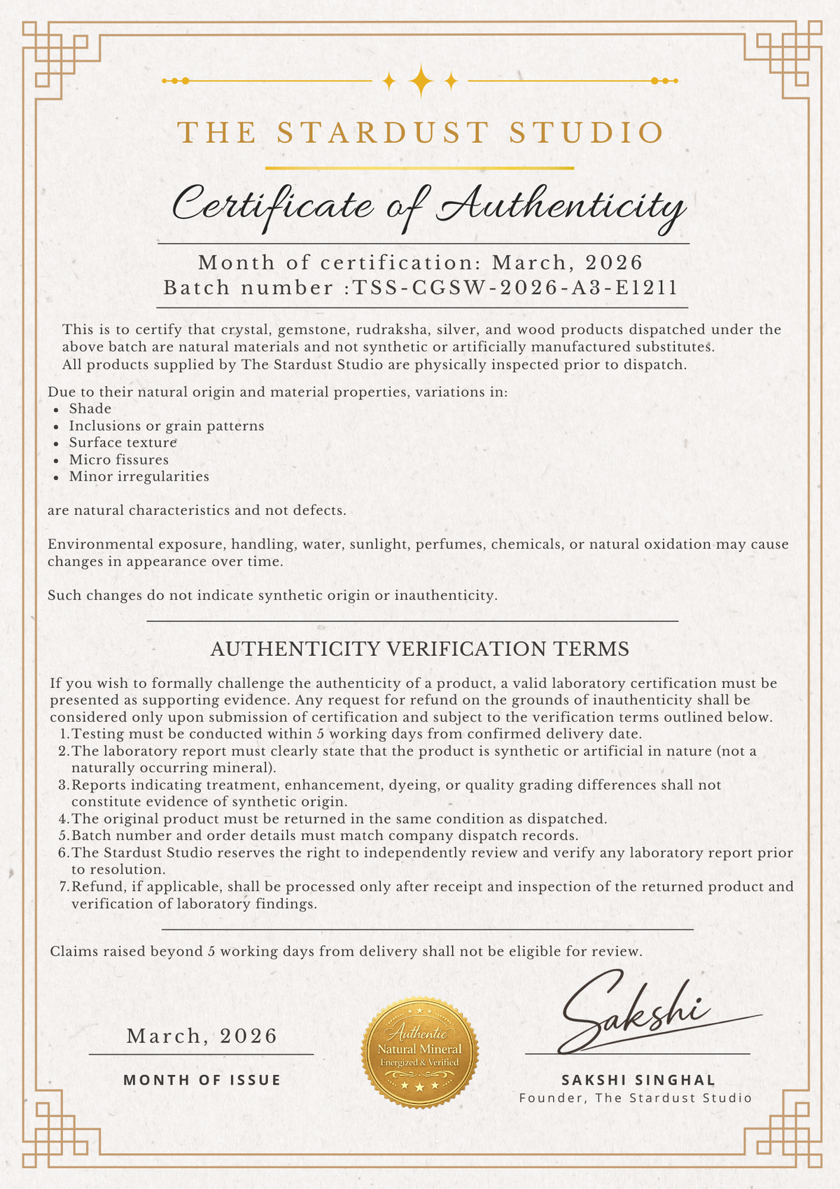 Certificate of Authenticity