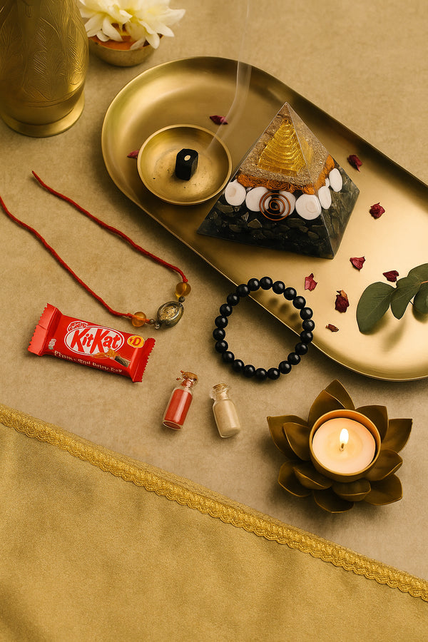 Money Magnet Pyramid & Selenite Plate Rakhi Hamper