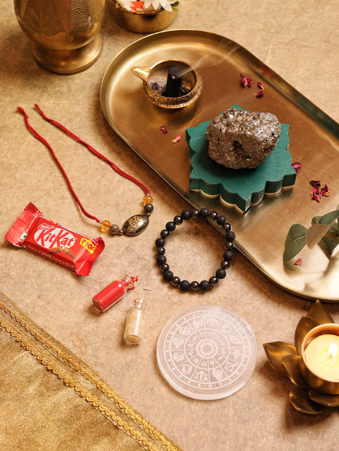 Pyrite Cluster & Selenite Plate Rakhi Hamper