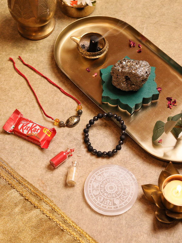 Pyrite Cluster & Selenite Plate Rakhi Hamper