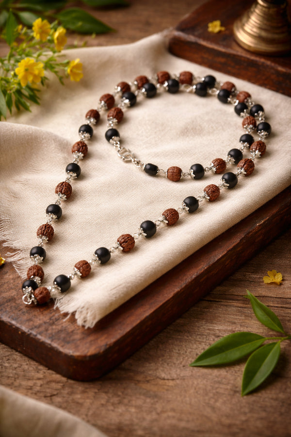 Rudraksha Karungali Mala with German Silver Cap